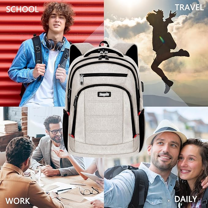 Travel Laptop Backpack for Women, School Backpack with USB Charging Port,Water Resistant Backpack for Girls, Business Work College bookbag,book bag Fits 15.6 Inch,Beige Back Pack