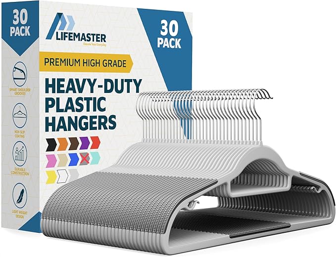 Lifemaster Plastic Clothes Hanger Set - 30 Pieces Versatile, Lightweight, Space-Saving, Non-Slip, Slim Designed, Dry and Wet Clothes Hanger Set with 360° Swivel Hook and Rubber Coating - Gray
