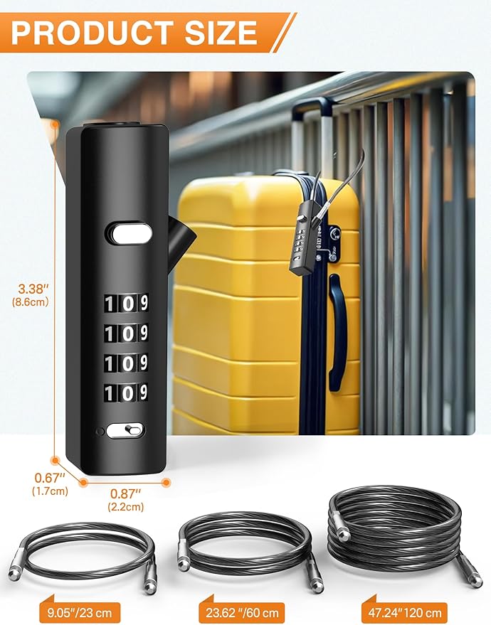 4-Digit Combination Cable Luggage Lock with 3 Interchangeable Steel Cables (9"/24"/47") – for Bike, Backpack, Gym, Cabinet, Gate (Black, 1 Pack)