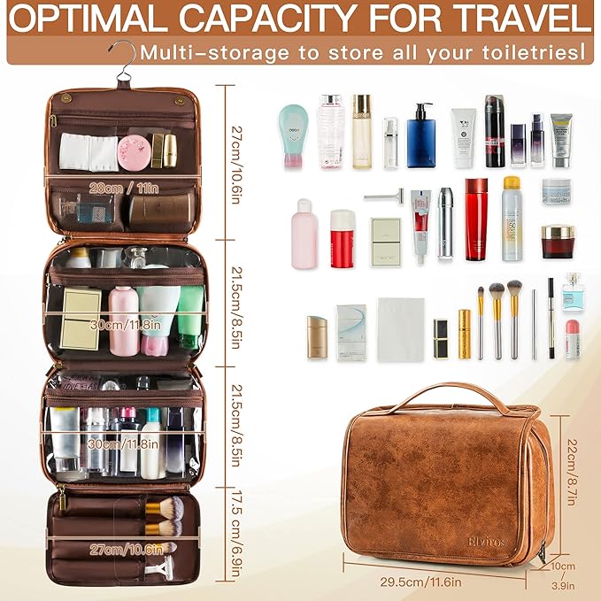 Elviros Hanging Toiletry Bag for Men Travel Essentials 3-in-1 Large Waterproof Dopp Kit PU Leather Shaving Bag with Separate Compartments for Grooming and Toiletries Mens Gift