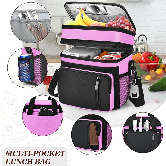 Insulated Lunch Bag Women | Large Adult Lunch Box | Double-Layer Reusable Lunch Bags | Leak-Proof Tote Cooler Bag for Work Picnic Outdoors | 16L, Pink