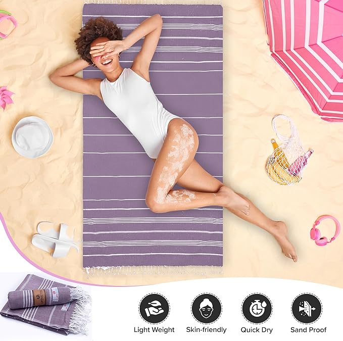 Turkish Beach Towel - 40x71 inch Oversized Sand Resistant Prewashed Turkish Towel - 100% Turkish Cotton Quick Drying, Compact, Lightweight Turkish Towel for Beach, Bath, Pool, Gym, Yoga.