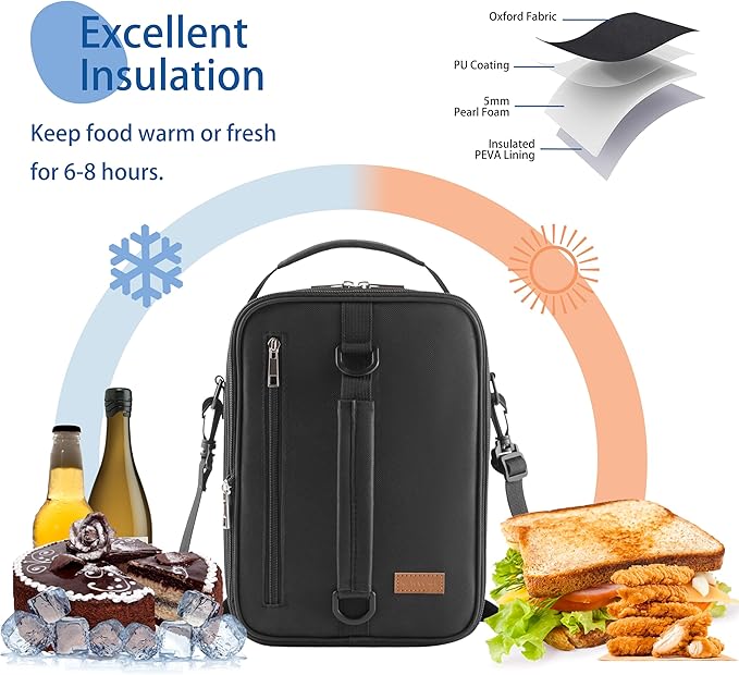 Expandable Lunch Bag for Men, (10.7L) Insulated Lunch Box, Portable Large Cooler Bag with Shoulder Straps for Men Women Adult for Work College Travel, Black