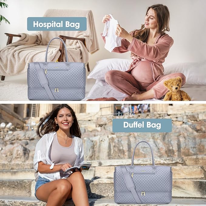 Travel Bag Weekender Bags for Women - Carry on Overnight Bag with Shoe Compartment Duffle Bag with Laptop Pocket Hospital Bag Grey