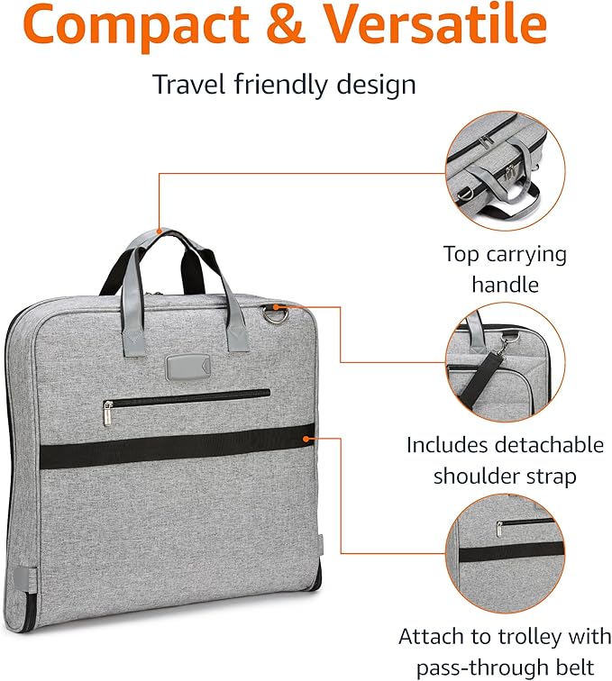Amazon Basics Carry-On Garment Bag for Travel and Business Trips with Shoulder Strap, Hanging Suit Luggage Bag for Men Women, Wrinkle Free Cover for Suits Dresses Coats, Gray