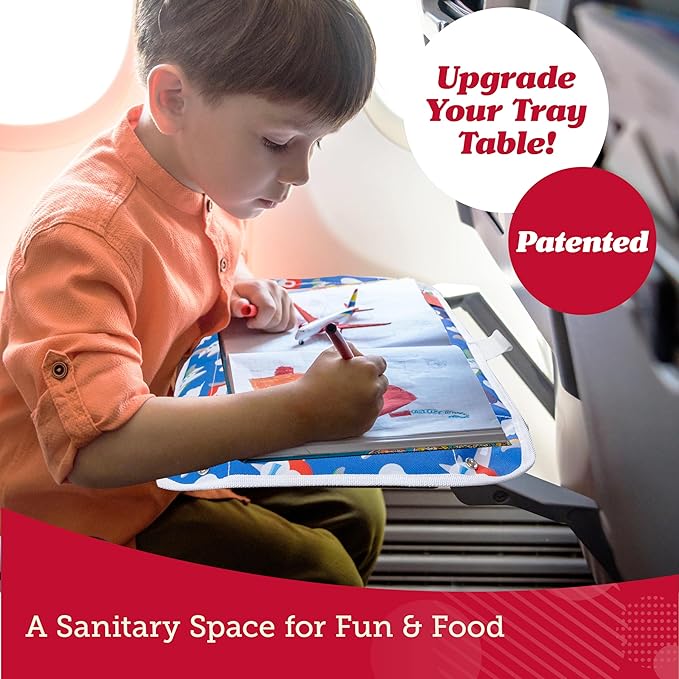Lusso Gear Kids Airplane Tray Cover with Pockets - Airplane Essentials for Toddlers - Kids Travel Tray for Plane or Train - Organize Toys, Snacks - Tablet Holder - Flying Must Have (Dinos)