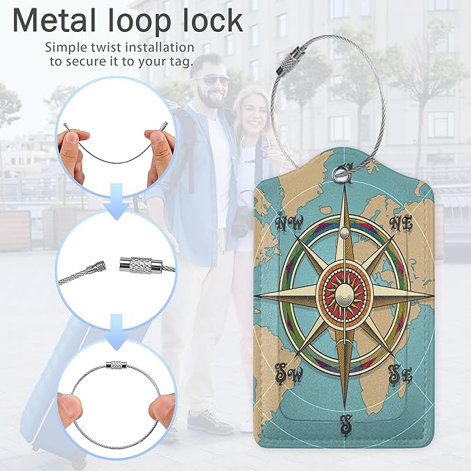 Retro World Map Luggage Tags for Suitcase,Nautical Compass Luggage Tags of Set 2 Leather Identifiers Privacy Cover with Stainless Steel Loop for Women Men Travel Bag Suitcase