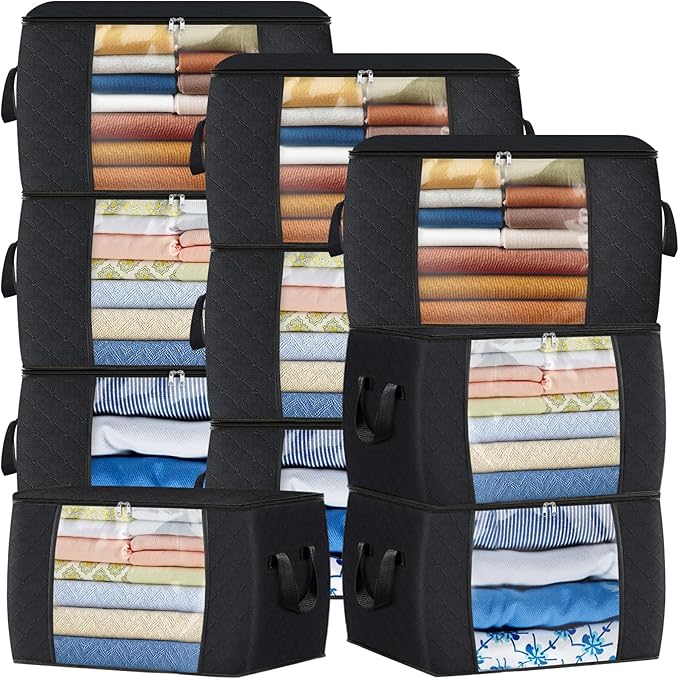 Fab totes 24 Gallons Clothes Storage, Foldable Thick Fabric Blanket Storage Bags, Containers for Organizing Bedroom, Closet, Clothing, Comforter, Organization with Handle (10 Pack,Black)