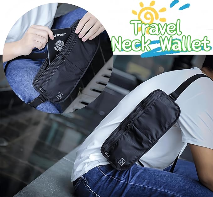 Travel Passport Holder 【1 PACK】2 in 1 Slim RFID Blocking Travel Money Belt for Men & Women, Hidden Neck Wallet for Credit Cards, Documents & Cash, Fanny Pack, MA-MO (Black)