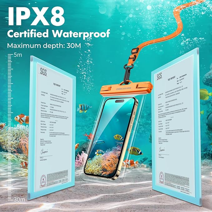 UNBREAKcable Waterproof Phone Pouch-2 Pack IPX8 Waterproof Phone Case for iPhone 16 15 14 13 12 Pro Max & Samsung S25 S24-Dry Bag & Travel Essentials for Beach, Pool, Kayak & Cruise-7" Orange + Purple