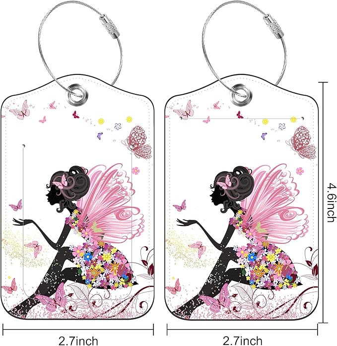 Set of 2 Luggage Tags for Suitcase Flower Fairy and Butterflies Leather Baggage Tags Set with Stainless Steel Loop Name Address Labels Privacy Cover for Men Women Travel Bag Suitcase