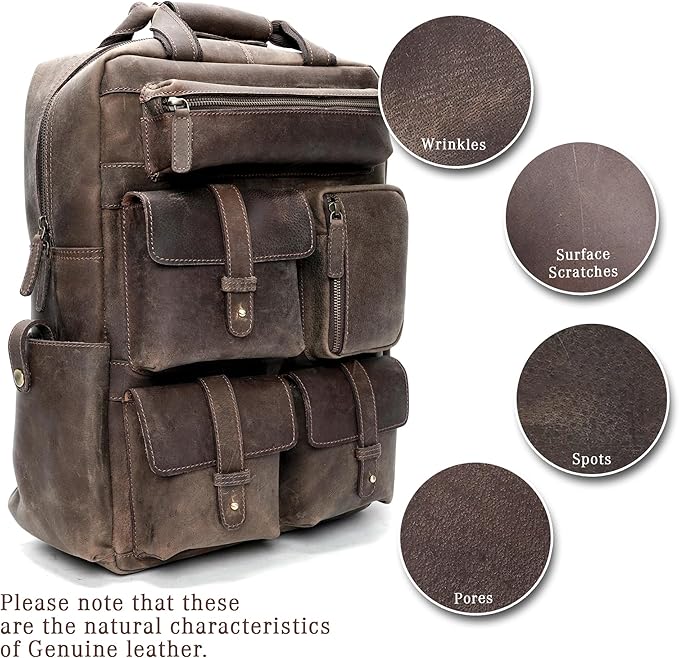 Handmade Leather Backpack for Men and Women, 15.6 Inch Laptop Bag, Genuine Leather Casual Daypack, For College & Office, Travel or Hiking - Retro Hunter Brown