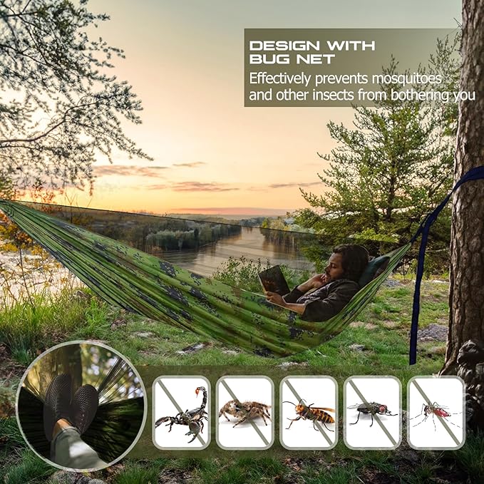 Camping Hammock, Portable Hammocks with Mosquito Net,Lightweight Nylon Parachute Hammock with 10ft Tree Straps,Camping Gear Must Haves for Travel,Hiking,Backpacking,Beach,Patio-Plaid Camouflage