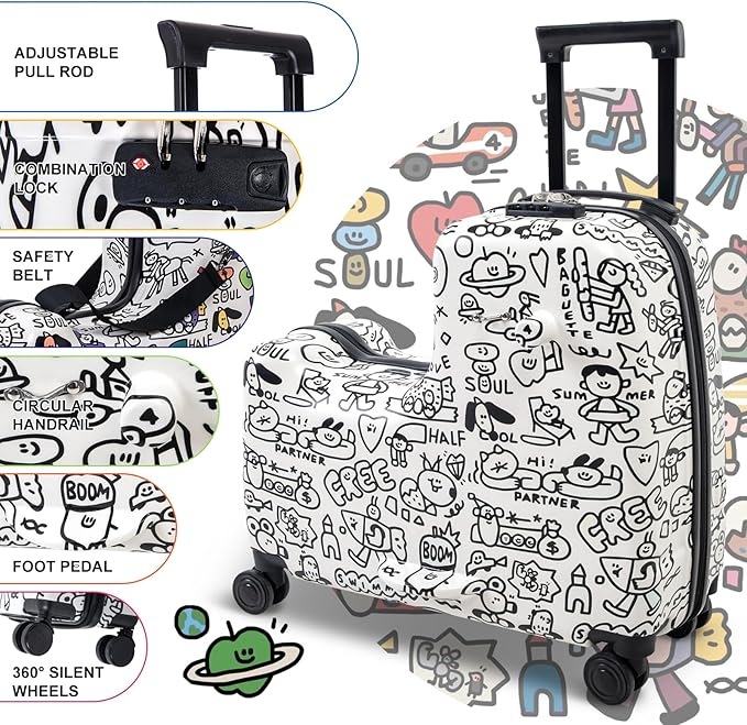 Apelila DIY Coloring Ride On Suitcase for Kids Ages 4-8, 22 Inch Graffiti Rolling Luggage with Spinner Wheels & Safety Belt, Lightweight Travel Checked Suitcase with Combination Lock