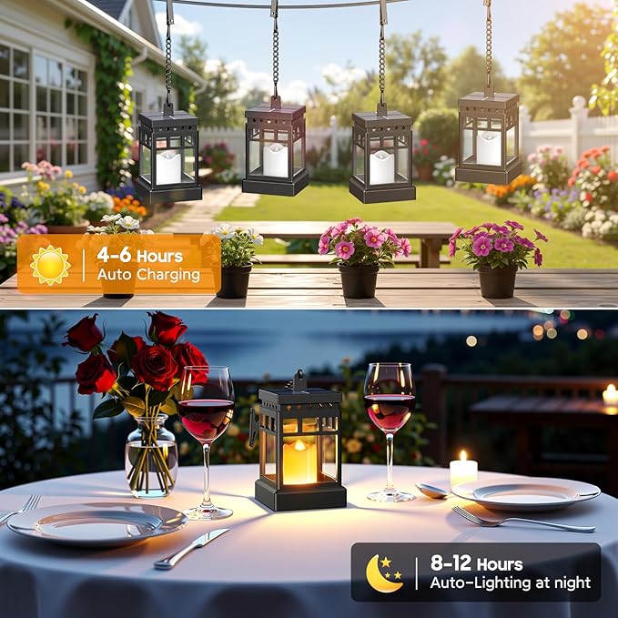 KOOPER Solar Lanterns Outdoor Waterproof, 2 Modes Hanging Solar Lantern with LED Realistic Flickering Flameless Candle, Candles Lanterns Lights Decorative for Outside Hanging Patio Yard Table Tree