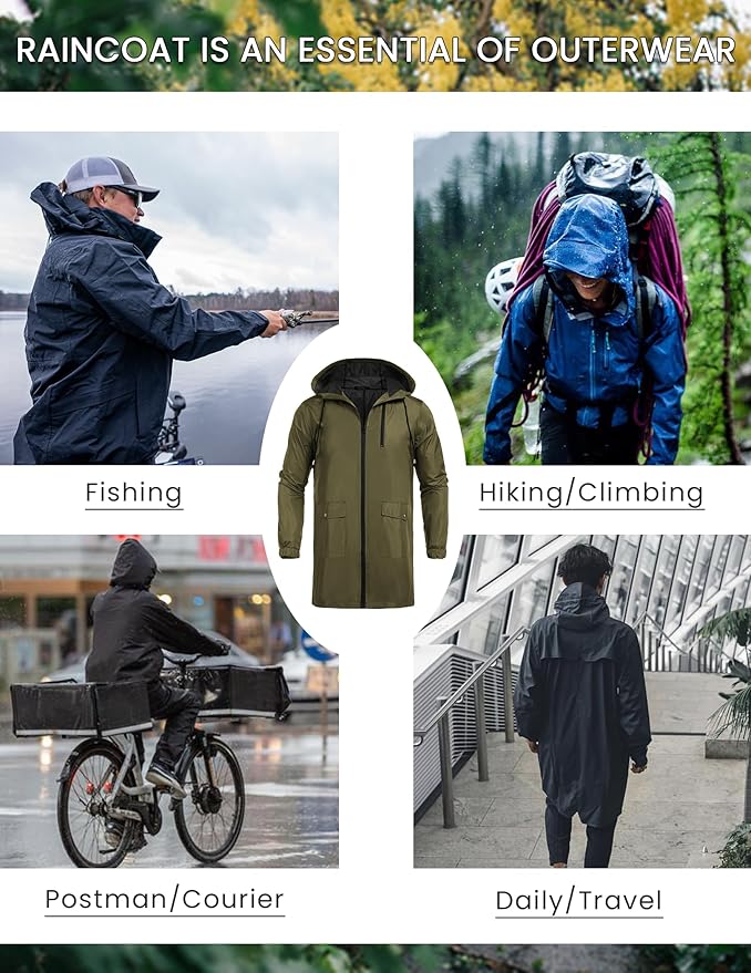COOFANDY Men's Long Raincoat Ligtweight Rain Jacket Waterproof Outdoor Jackets with Hood