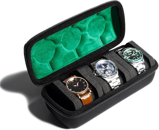 Hard Watch Travel Case,3 slots Watch Roll Case Storage and Organizer for Men and Women, with anti-move watch pillow (Black 3slot with green lining)