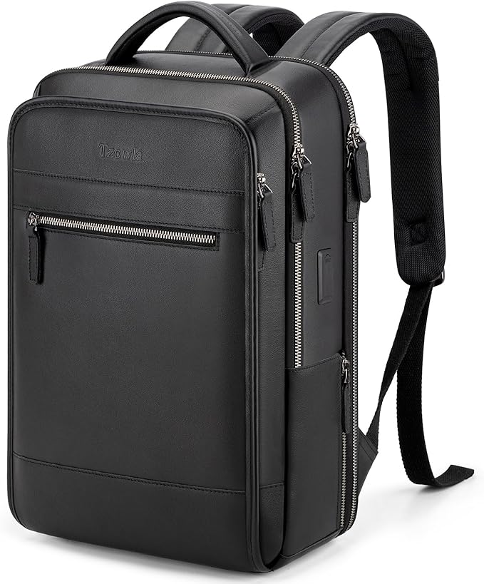 Tzowla Leather Laptop Backpack, Bag for Men and Women,Business Travel Work Rucksack Fits 15.6 Inch Laptop,Bookbag with USB and Type-C Charging Port-Black