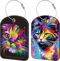 Colorful Cat Luggage Tag for Suitcase Set of 2 PU Leather Cute Luggage Tags with Stainless Metal Loop ID Label Privacy Flap Suitcase Tags for Women and Men Travel