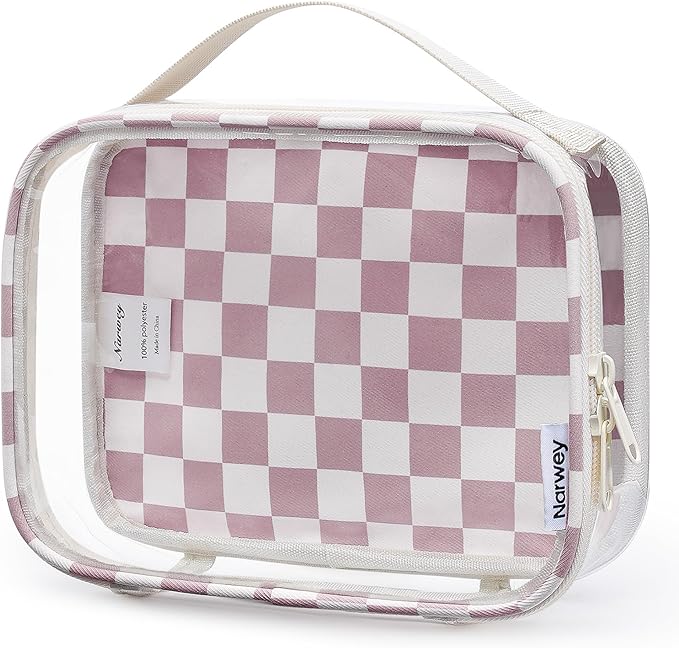 Narwey TSA Approved Clear Toiletry Bag for Travel, Waterproof PVC Clear Makeup Bags, Portable Compact Cosmetic Bag Make Up Organizer, Airport Airline Quart Size Compliant Bag (Dusty Pink Checkerboard)