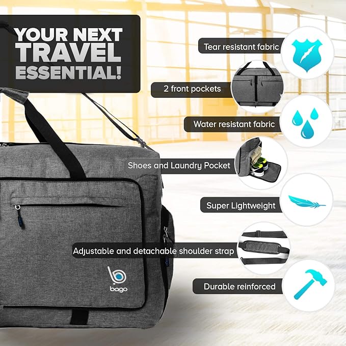 Bago Large Foldable Duffel Bags for Traveling Women & Men - 100L Packable Duffle Bag for Travel with Shoe Compartment - Water Repellant, Heavy Duty, Lightweight Folding & Collapsible (SnowBlack)