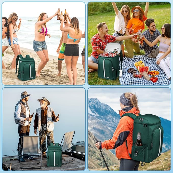 Backpack Cooler Insulated Leak Proof 35 Cans, 2 Insulated Compartments Thermal Bag, Portable Lightweight Beach Travel Camping Lunch Backpack for Men and Women, 30L, Reflective Stripes, Water-Resistant
