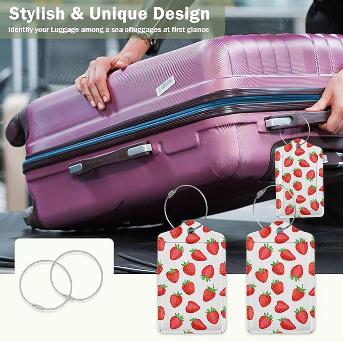 2 Pcs Strawberry Fruit Strawberries Luggage Tags,Cruise Luggage Tag with Privacy Flap,Name Id Label and Steel Loop for Women Men Travel Bag Suitcase