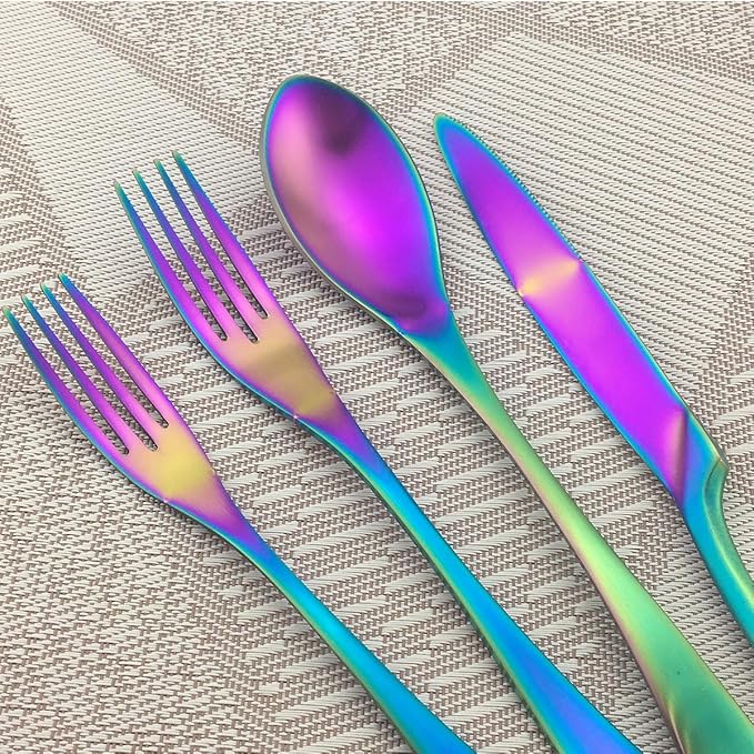 Rainbow Silverware Set, 24-Piece Stainless Steel Flatware Set Service for 4, Tableware Cutlery Set for Home and Restaurant, Knives Forks Spoons, Matte Finish, Dishwasher Safe (Rainbow)
