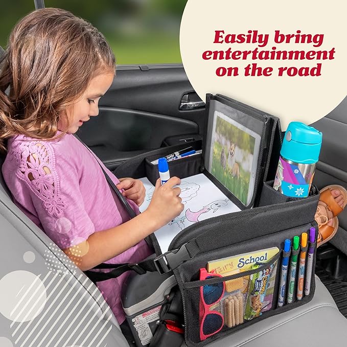 Lusso Gear Kids Travel Tray (Value 2-Pack) - Road Trip Essentials Organizer & Car Seat Tray with Tablet Stand - Toddler Lap Desk Organizer - Dry Erase Activity Surface