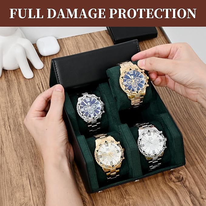 Watch Roll Travel Case for 4 Watchs Storage and Organizer-Secure Storage with Innovative Slide Pillows & Solid Dividers for Home Storage, Protect and Display
