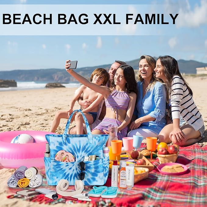 LEDAOU Large Beach Tote Bag Women Waterproof Sandproof Zipper Beach Tote Bag for Pool Gym Grocery Travel with Wet Pocket