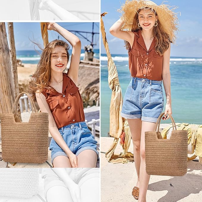 Straw Beach Bags for Women Woven Beach Tote Bag Casual Boho Large Shoulder Handbags Purse for Vacation Holiday