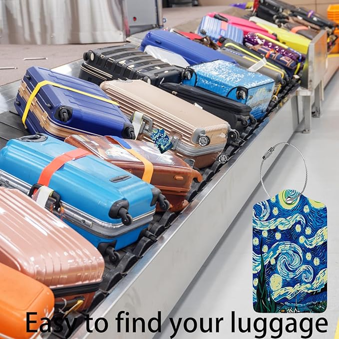 The Starry Night 2 Pack Luggage Tag for Suitcase, Cute Unique Leather Bag Tags Identifiers Privacy Cover ID Label with Steel Loop for Women Men Kids Girls Travel
