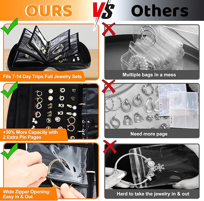 Meneng Travel Jewelry Case Organizer: Jewelry Bags Storage Book Binder with Adjustable 130-Pin Panels - Waterproof Anti Tarnish Storage for Earrings, Bracelets & Full Sets, Portable for Bloggers