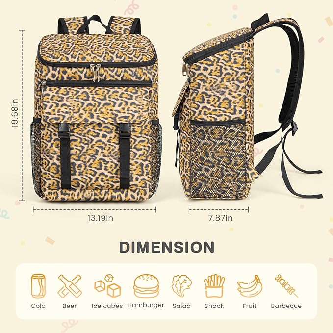Cooler Backpack Soft Insulated Leak Proof 30 Cans Insulated Backpack Cooler Portable Picnic Camping Beach Hiking BBQ Lunch Backpack for Men and Women -Leopard Print