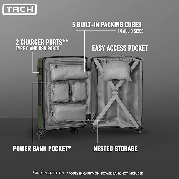 Tach V3.1 Hard Shell Carry On Luggage 20 inch | Carry on Luggage with Spinner Wheels & Patented Built-In Connecting System | One Piece Rolling Suitcase Links 9 Bags At Once (Green)