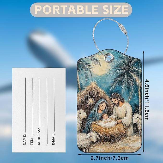2 Pcs Nativity Scene Luggage Tags for Suitcases PU Leather Baggage Tags Name ID Label with Privacy Cover and Stainless Steel Loop for Men Women Travel Bag Suitcase