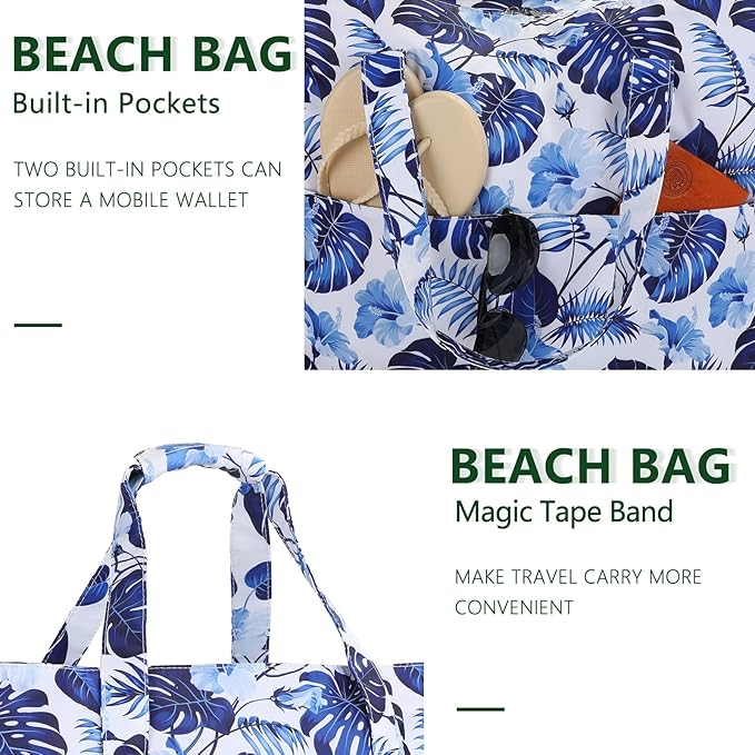 LEDAOU Large Beach Tote Bag Women Waterproof Sandproof Zipper Beach Tote Bag for Pool Gym Grocery Travel with Wet Pocket
