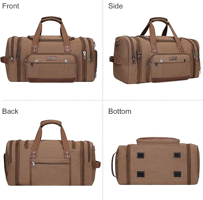 WITZMAN Mens Duffle Bags for Traveling Canvas Weekender Travel Bag Expandable Overnight Bag Carry on Bag(A8007 Brown)