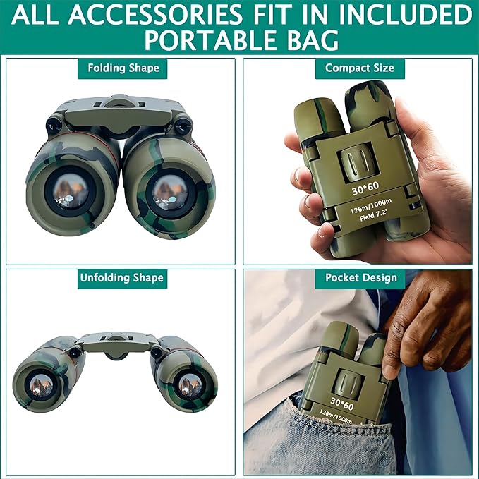 Compact 30x60 Binoculars for Adults and Kids,Foldable Lightweight Easy Focus Small Binoculars for Bird Watching Travel Sightseeing Hunting Concert Theater Opera