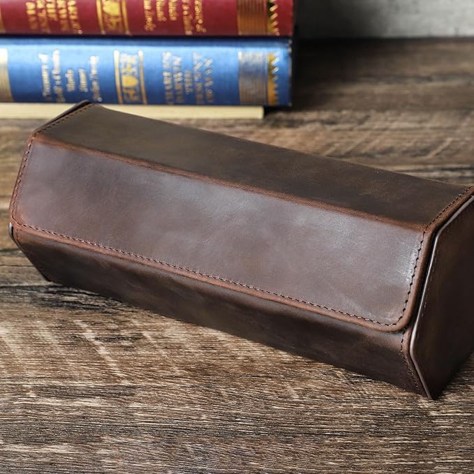 Genuine Leather Watch Roll Travel Case, Vintage Full Grain Leather Hexagon Watches Storage Organizer with Display Removable Pillows & Solid Dividers for Home Storage &Display(3 Slots)