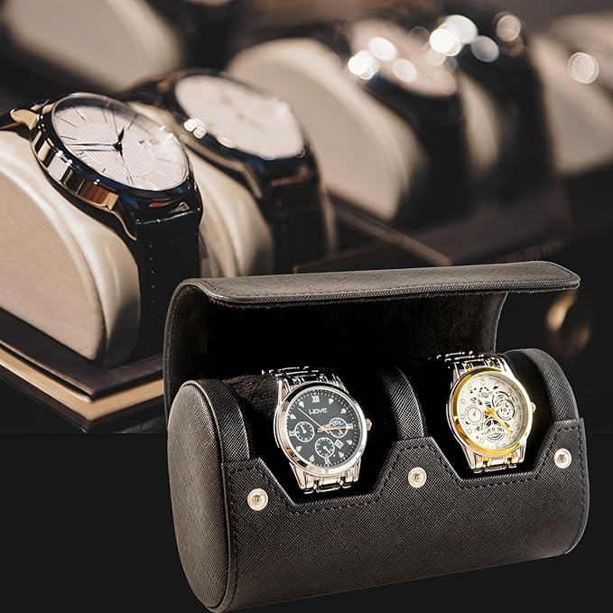 MR.OKAY 2 Watch Travel Case- Classic Leather Watch Case With Perfect Texture.Portable Watch Roll Or Organizer For Storage And Display. Luxury Gifts For Men, All Handmade by Artisans.