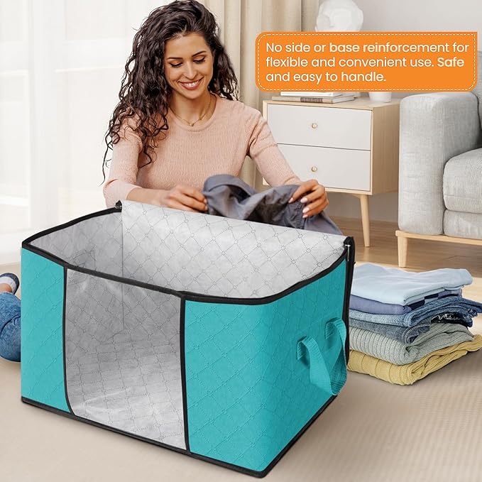 Fab totes 24 Gallons Clothes Storage, Foldable Thick Fabric Blanket Storage Bags, Containers for Organizing Bedroom, Closet, Clothing, Comforter, Organization with Handle (3 Pack,Green)