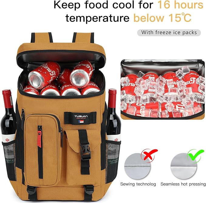 TUGUAN Cooler Backpack 36 Cans Insulated Leak Proof Lightweight Lunch Backpack for Men Work Portable Travel Thermal Bag Compartment Camping Hiking Beach Pincnic Cooler for Women