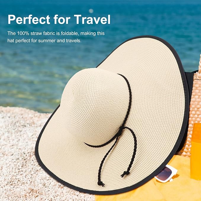 DRESHOW Beach Hats for Women Big Straw Wide Brim Summer Hat Floppy Foldable Roll up Cap Sun Hat UPF 50+