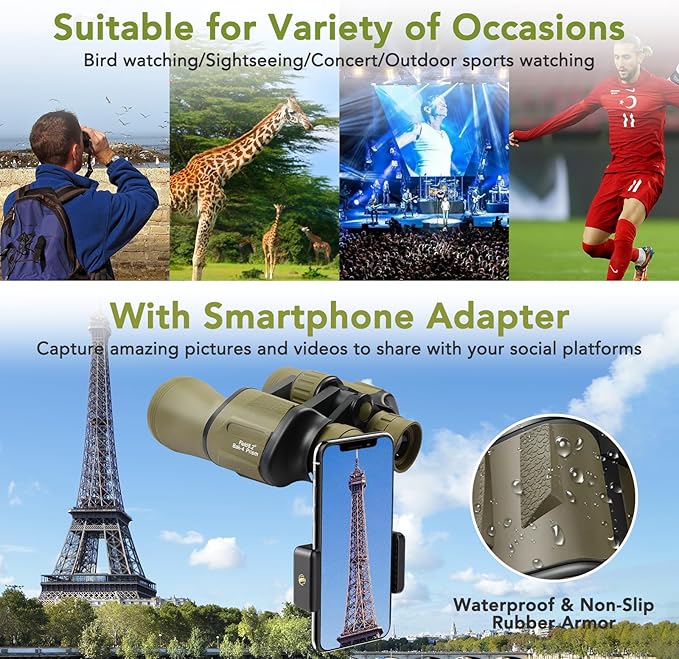 20x50 Binoculars for Adults High Powered, Military Compact HD Waterproof Binoculars with Low Light Vision for Bird Watching Travel Hunting Football Games Stargazing with Carrying Case and Strap(Mud)