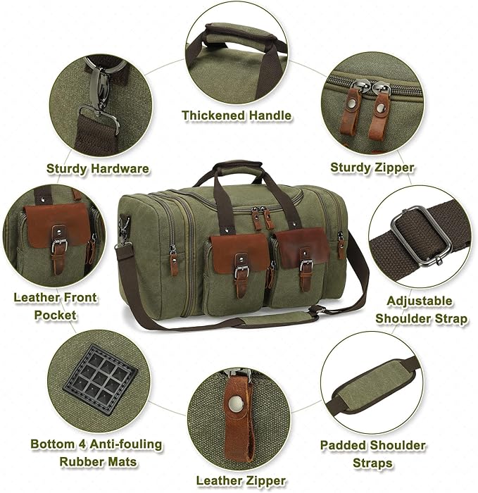 Canvas Duffle Bag with Genuine Leather Accents, Expandable 20-23 Inch Travel Weekender, Multiple Pockets, Green