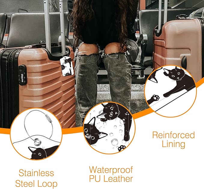 Luggage Tags for Suitcase Black Cats 2 PCS Leather Travel Luggage Tag with Stainless Steel Loop Name ID Label Privacy Cover for Women Men Travel
