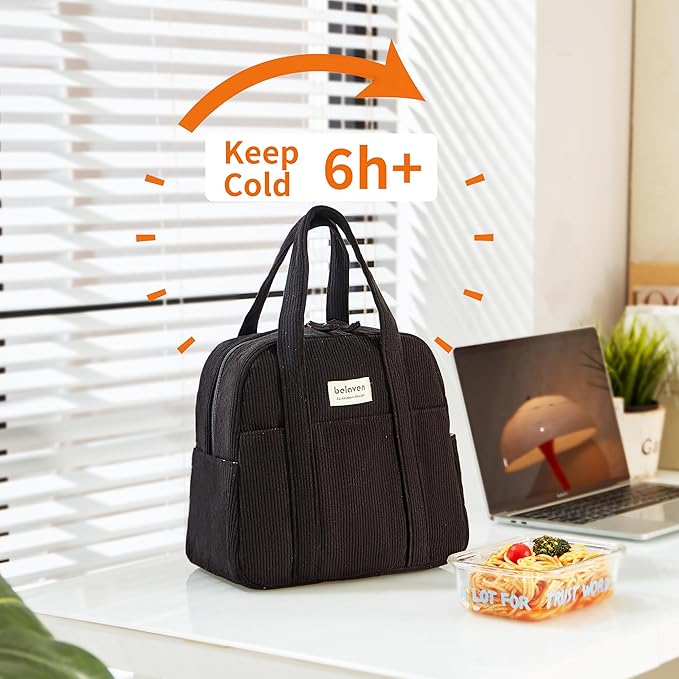 Insulated Lunch Bag for Women, 6-Hour Cold Retention Cooler Tote with Sturdy Handle, 15-Can Spacious Capacity, Leakproof Corduroy Fabric & Aluminum Foil Lining, (Black)
