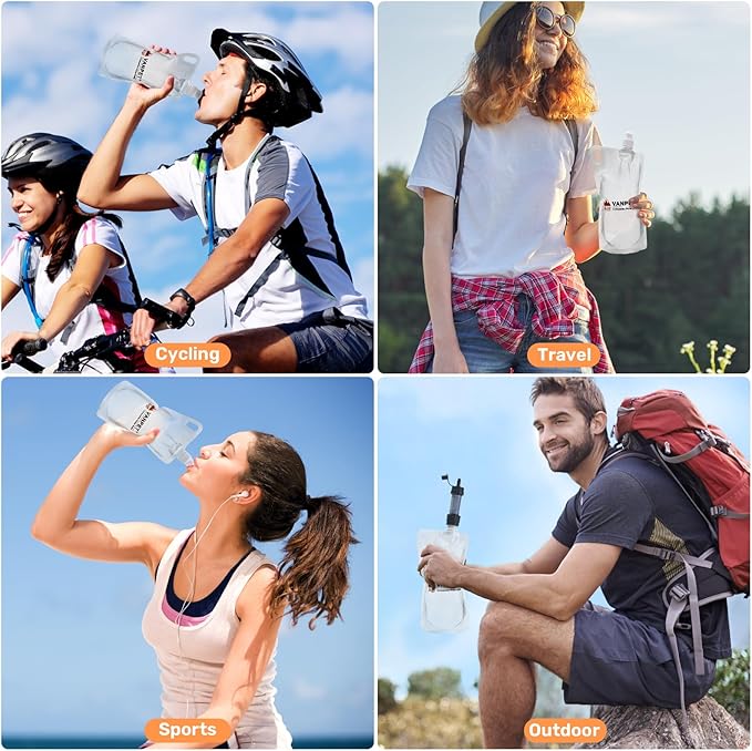 1L Hiking Collapsible Water Bottles, 33OZ BPA-Free Plastic Flasks, Reusable Drink Bags, Foldable Backpacking Water Bottle for Travel Camping Hiking (4-Pack)